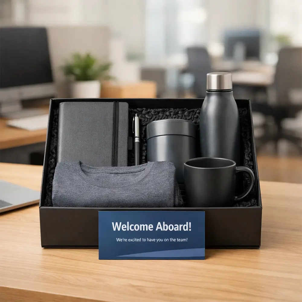 Employee welcome kit with branded notebook, bottle, mug, t-shirt and onboarding card on office desk in India