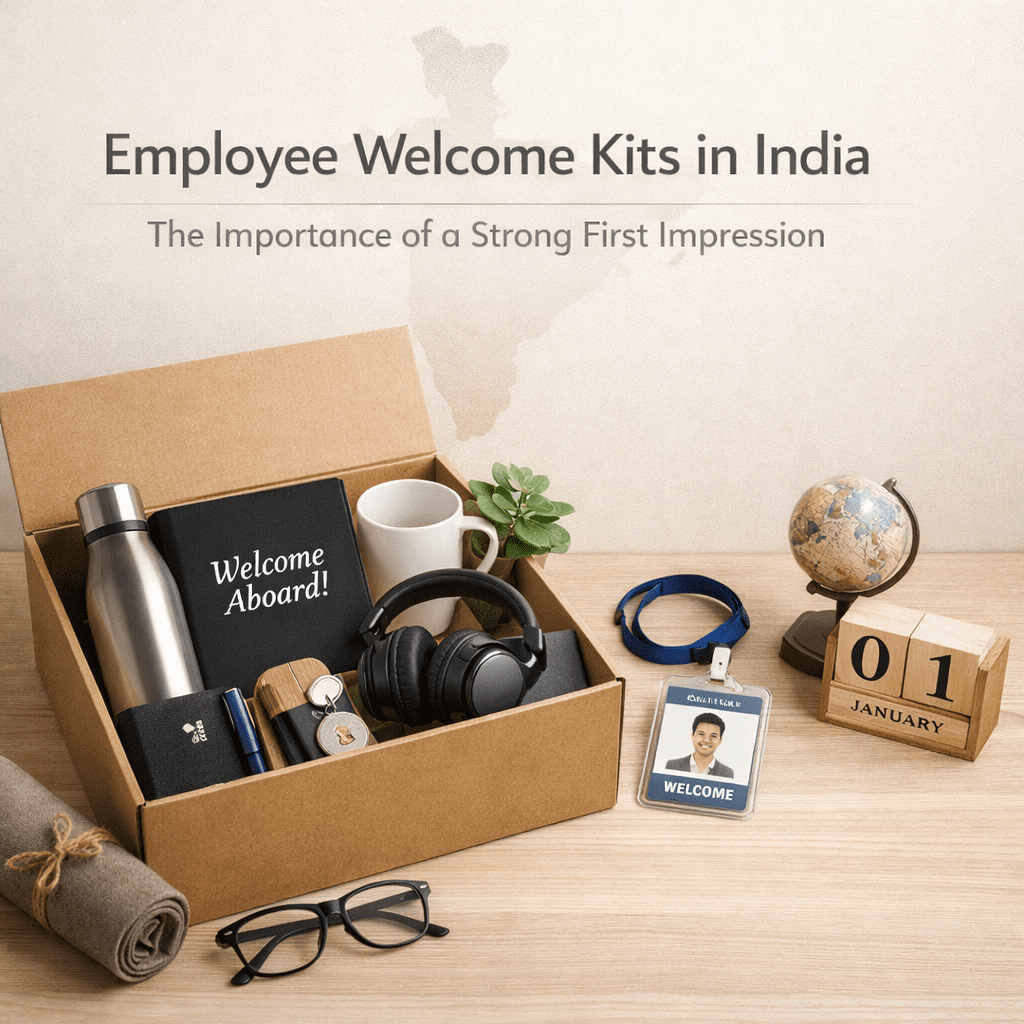 Minimalist employee welcome kit placed on a wooden desk featuring notebook, bottle, headphones, mug, and ID card with “Welcome Aboard” text, representing corporate onboarding in India.