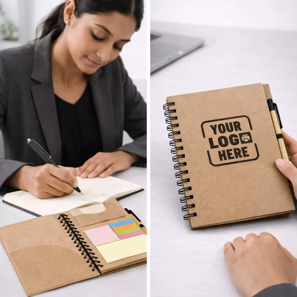 A5 spiral diary with pen 100 pages open on office desk showing notes for corporate gifting and employee welcome kits