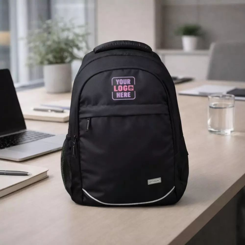 Atlas Classic Laptop Backpack 15.6 inch placed on office desk with office accessories for corporate gifting and employee welcome kits