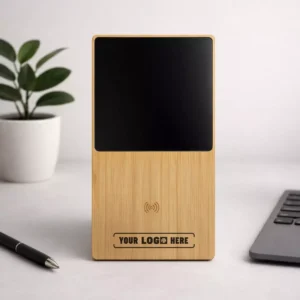 Bamboo 2-in-1 wireless charger with cup warmer for corporate gifting and employee welcome kits