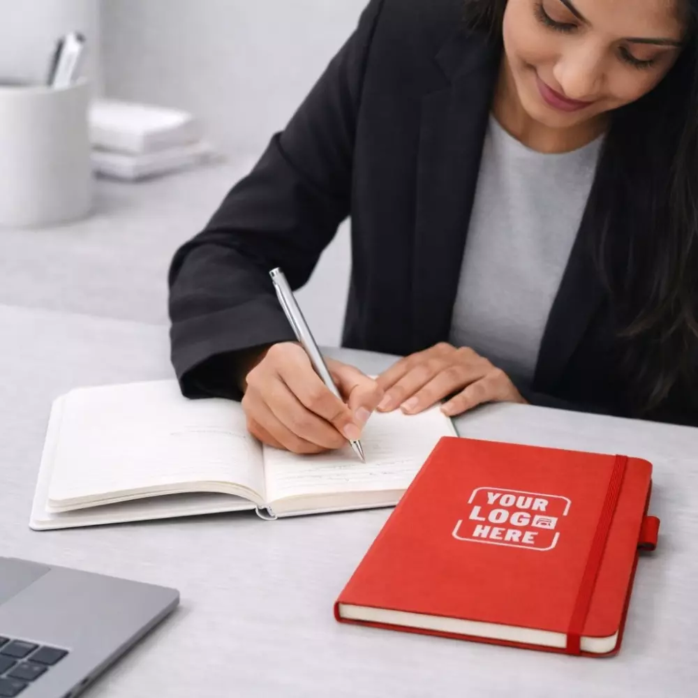 Basic hard bound diary placed on office desk suitable for corporate gifting and employee welcome kits