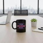 Black ceramic coffee mug 325 ml placed on office desk suitable for corporate gifting and employee welcome kits