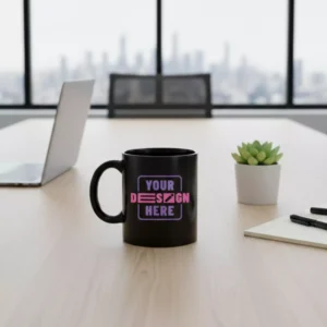 Black ceramic coffee mug 325 ml placed on office desk suitable for corporate gifting and employee welcome kits