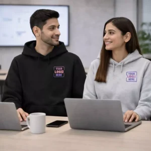 Classic cotton black hoodie worn by model in posed setting suitable for corporate gifting and employee welcome kits