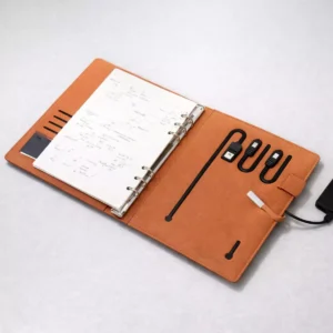 Tan diary style 5000mAh power bank with open cover design suitable for corporate gifting and employee welcome kits