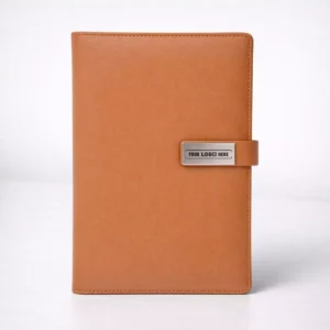 Tan diary style 5000mAh power bank suitable for corporate gifting and employee welcome kits
