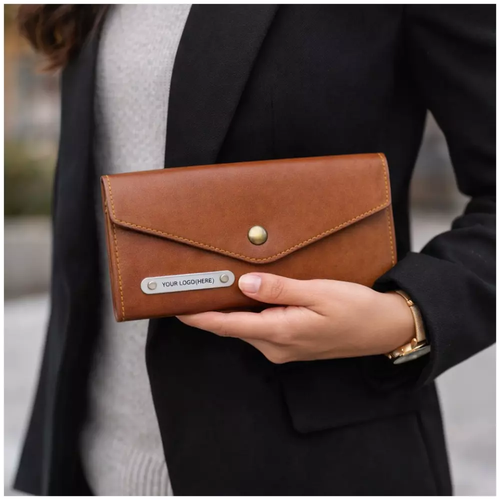 Classic ladies leather clutch purse in color use setting suitable for corporate gifting and employee welcome kits