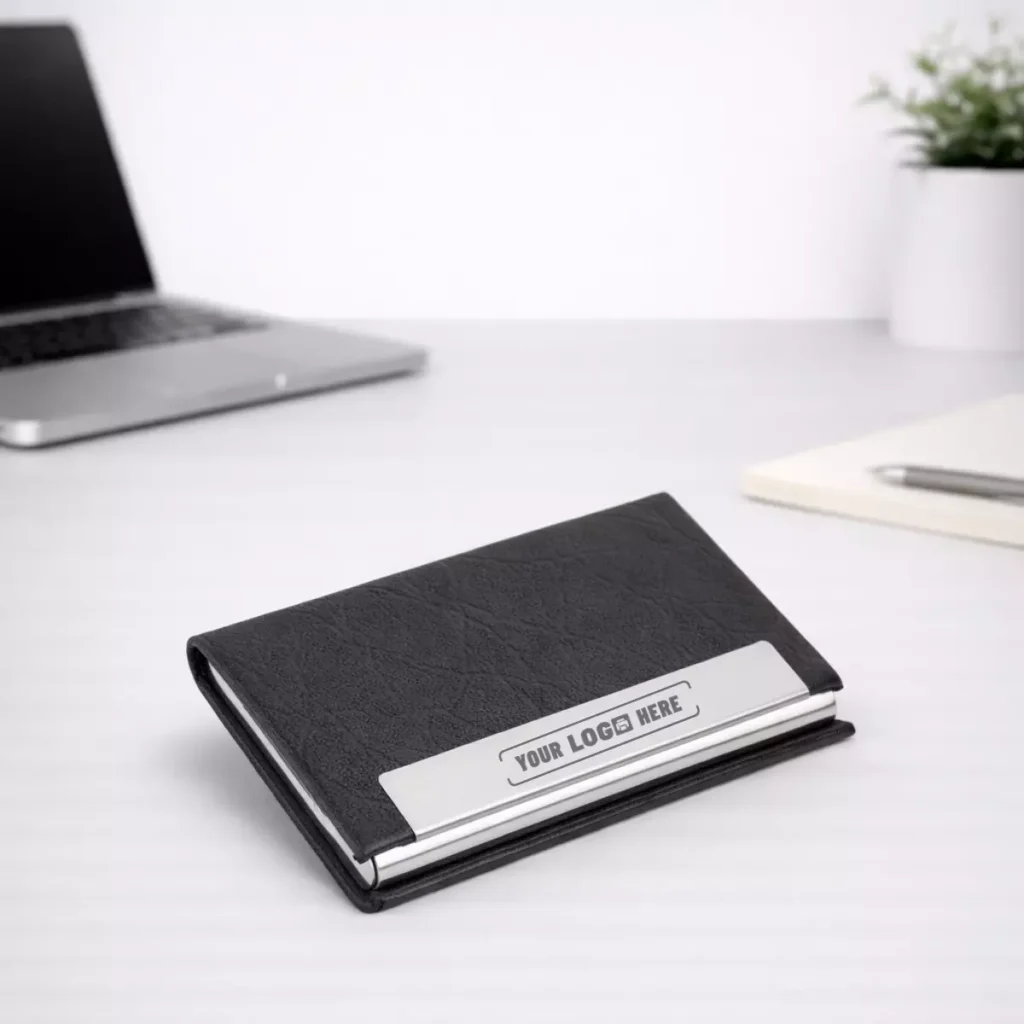 Classic leather card holder with metal base executive business card case for corporate gifting and onboarding kits