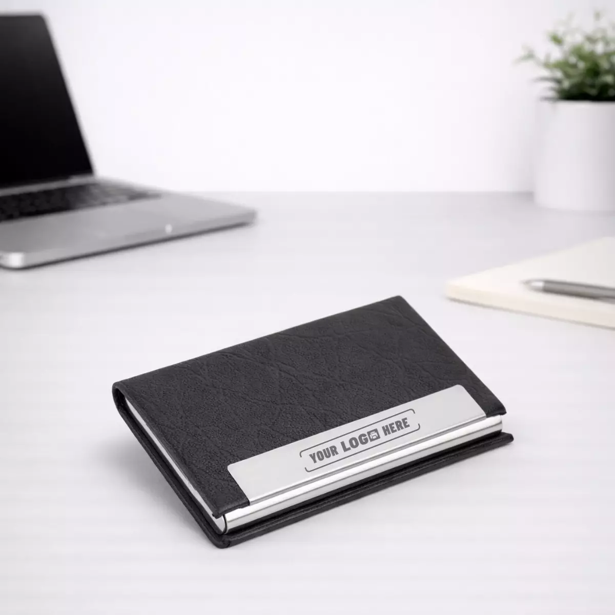 Classic leather card holder with metal base executive business card case for corporate gifting and onboarding kits