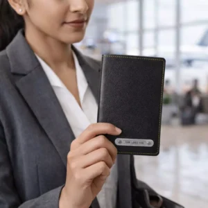 Classic leather passport organiser shown in travel use setting suitable for corporate gifting and employee welcome kits