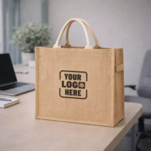 Classic natural jute zipper bag placed on desk suitable for corporate gifting and employee welcome kits