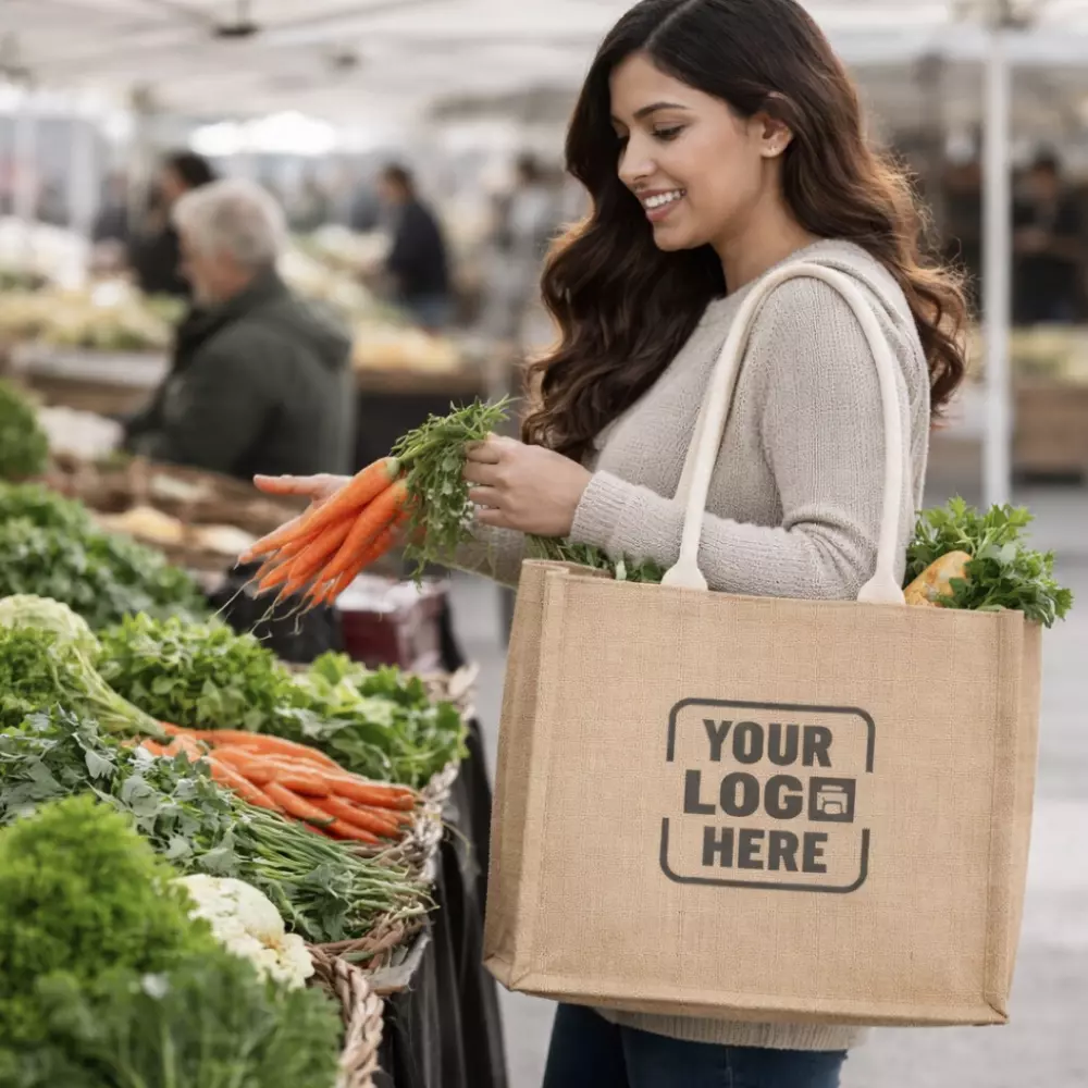 Classic natural jute bag shown with model suitable for corporate gifting and employee welcome kits
