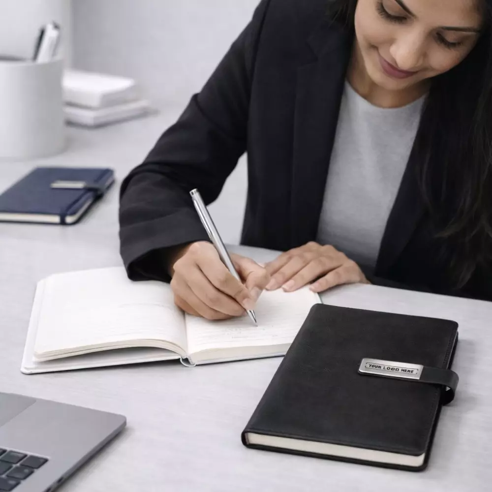 Classic PU leather diary shown in writing use setting suitable for corporate gifting and employee welcome kits