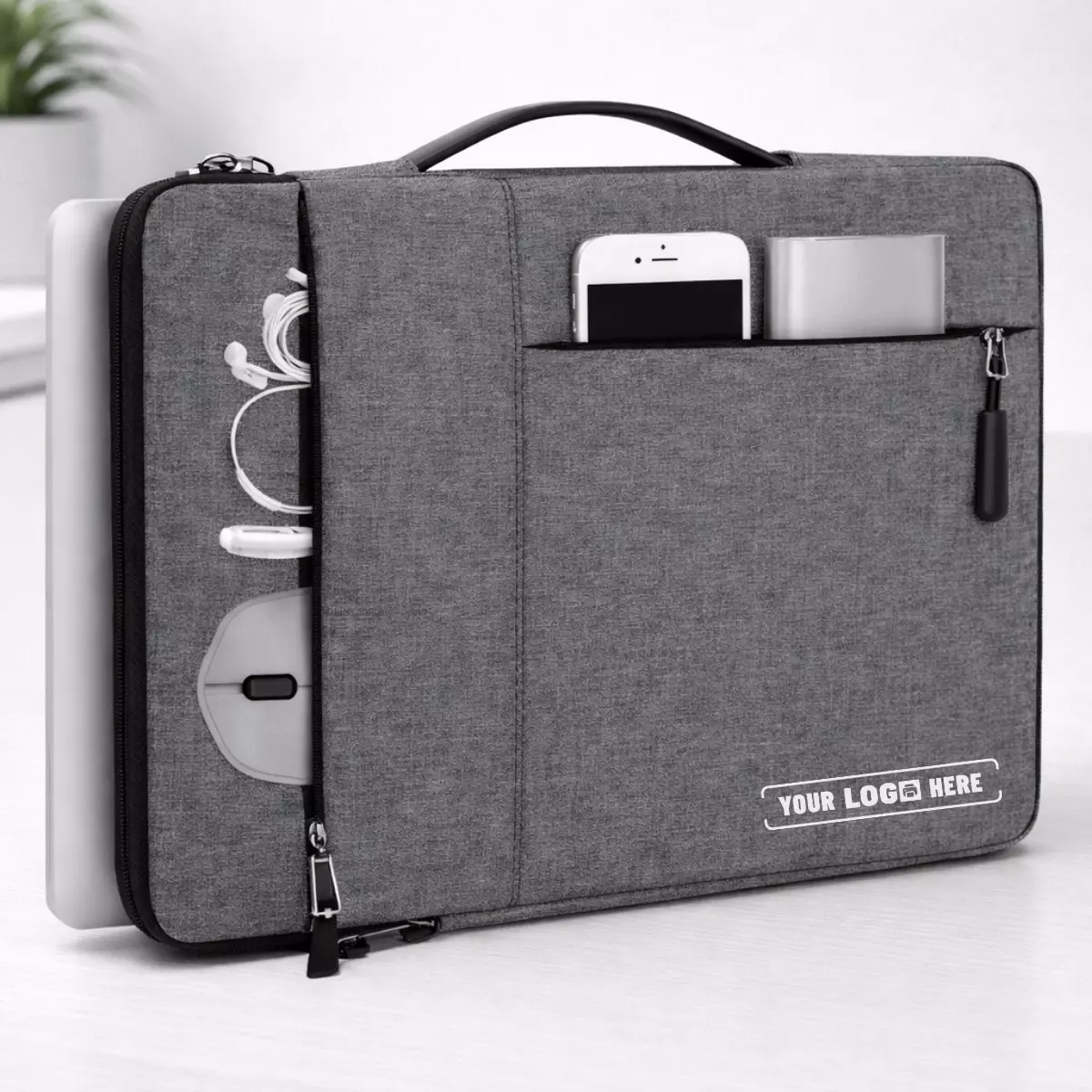 Classic two pocket laptop sleeve view with items