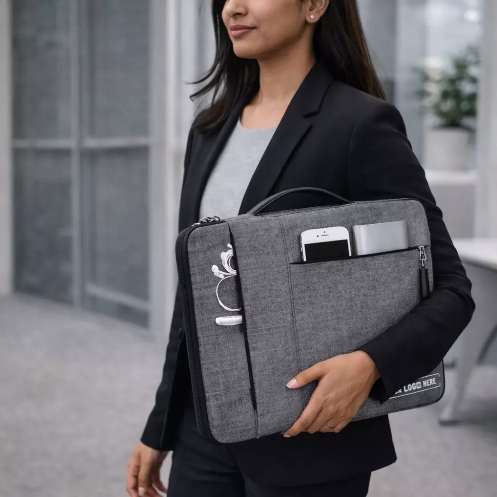 Classic two pocket laptop sleeve 15.6 inch displayed in alternate office use setting suitable for corporate gifting and onboarding kits