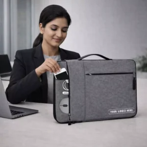 Classic two pocket laptop sleeve 15.6 inch shown in office use setting suitable for corporate gifting and employee welcome kits