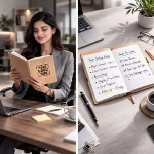 Classic wooden cover diary A5 shown in office use setting suitable for corporate gifting and employee welcome kits