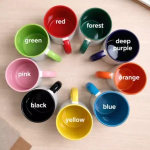 Coloured ceramic coffee mug 325 ml with printed names suitable for corporate gifting and employee onboarding kits