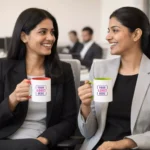 Coloured ceramic coffee mug 325 ml placed on office desk suitable for corporate gifting and employee welcome kits