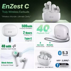 EVM EnZest C earbuds with 40 plus hours playback features