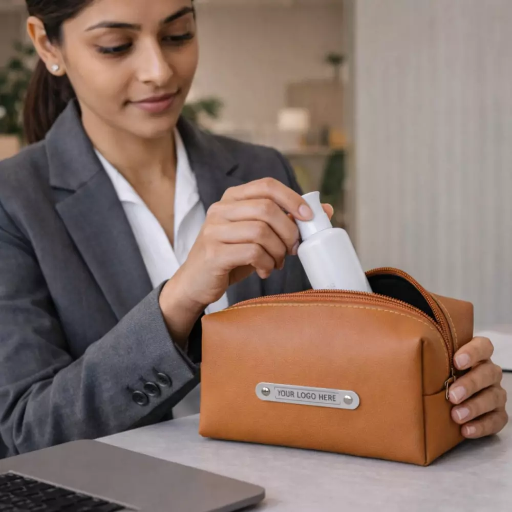 Executive pouch shown in professional use setting suitable for corporate gifting and employee welcome kits