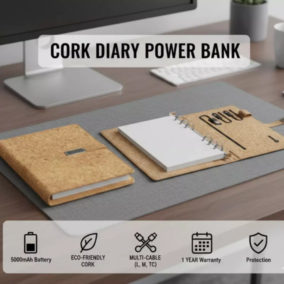 EcoFusion Cork Power Bank Diary Features side for Sustainable Corporate Gifting features