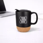 Black insulated ceramic mug 250 ml with cork base suitable for corporate gifting and employee welcome kits