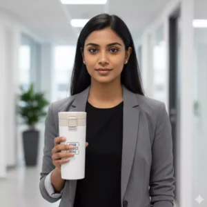 Executive coffee travel flask off white 400 ml held in hand suitable for corporate gifting and employee onboarding kits