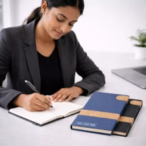 Executive denim cork diary A5 shown in writing use setting suitable for corporate gifting and employee onboarding kits