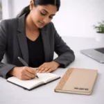 Executive NanoCoat cork diary placed on office desk suitable for corporate gifting and employee onboarding kits