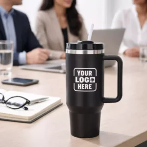 Insulated sipper tumbler with straw and handle 1.2 l placed in meeting room environment suitable for corporate gifting and onboarding kits