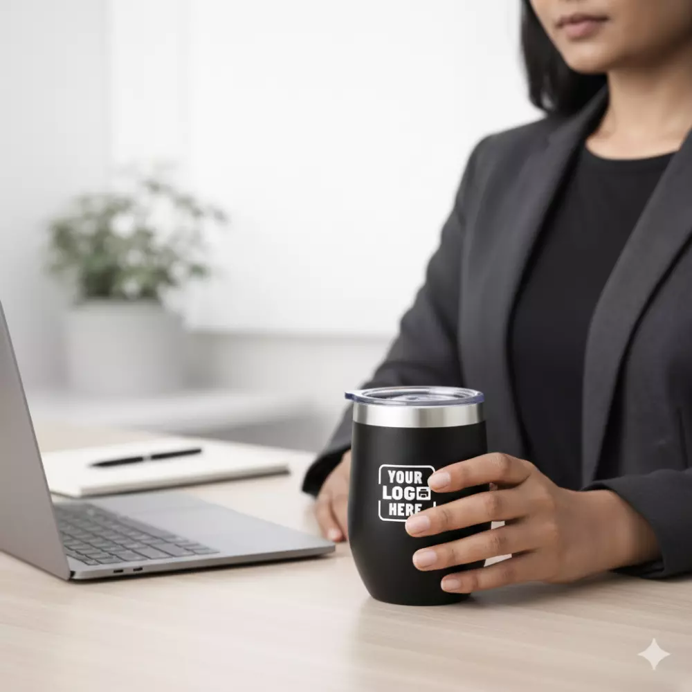 Insulated stainless steel tumbler black 360 ml held in hand suitable for corporate gifting and employee welcome kits