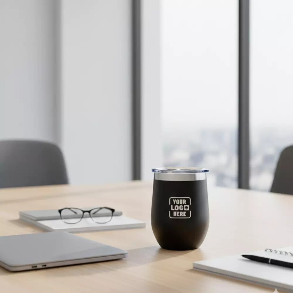 Insulated stainless steel tumbler black 360 ml placed on office desk suitable for corporate gifting and employee welcome kits