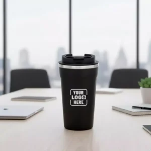 Insulated temperature display flask black 450 ml handheld on office desk suitable for corporate gifting and employee welcome kits