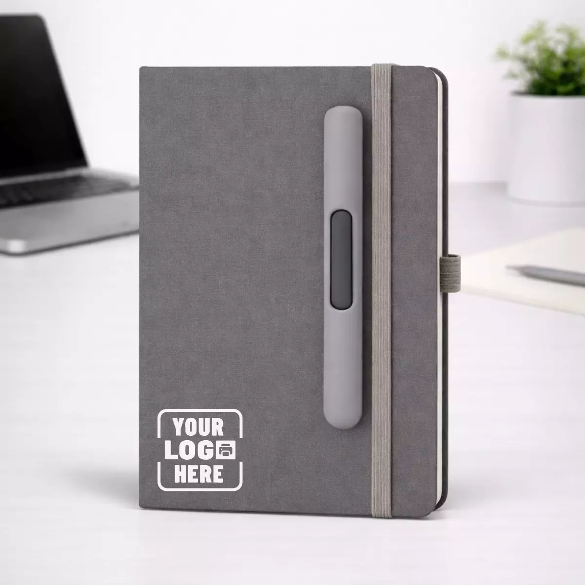 Grey PU fabric A5 diary with pen holder and 192 pages suitable for corporate gifting and employee welcome kits