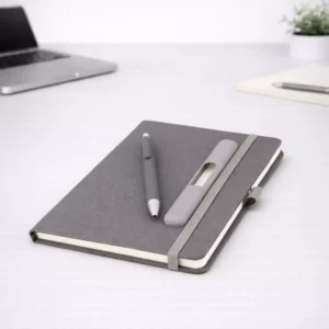 Grey PU fabric A5 diary with pen holder and 192 pages suitable for corporate gifting and employee welcome kits