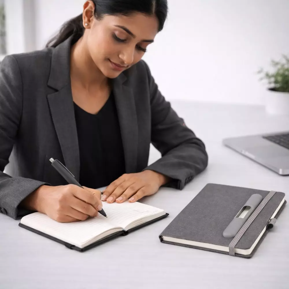PU fabric diary grey with pen A5 shown in office use setting suitable for corporate gifting and employee welcome kits