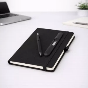 Black PU fabric A5 diary with pen holder and 192 pages suitable for corporate gifting and employee welcome kits