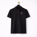 Black 200 GSM polyester performance polo t-shirt suitable for corporate uniforms and employee welcome kits