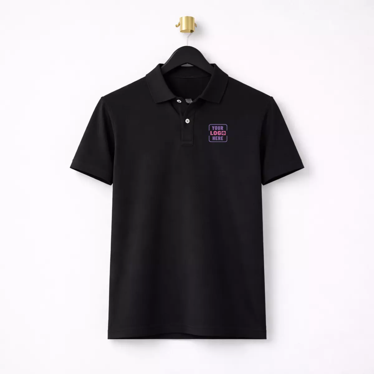 Black 200 GSM polyester performance polo t-shirt suitable for corporate uniforms and employee welcome kits