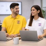 Performance polyester polo T-shirt worn by model in posed setting suitable for corporate gifting and employee welcome kits