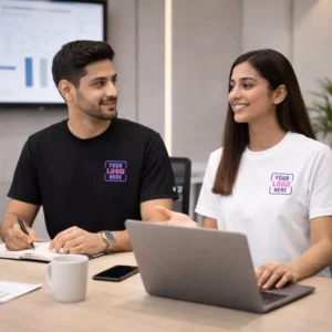 Performance polyester T-shirt worn by model suitable for corporate gifting and employee welcome kits