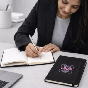 Premium fabric strap notebook shown with model suitable for corporate gifting and employee welcome kits