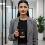 Premium insulated ceramic mug with cork base black 250 ml held in hand suitable for corporate gifting and employee onboarding kits