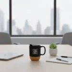 Premium insulated ceramic mug with cork base black 250 ml placed on office desk suitable for corporate gifting and employee welcome kits