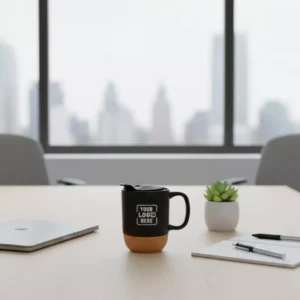 Premium insulated ceramic mug with cork base black 250 ml placed on office desk suitable for corporate gifting and employee welcome kits