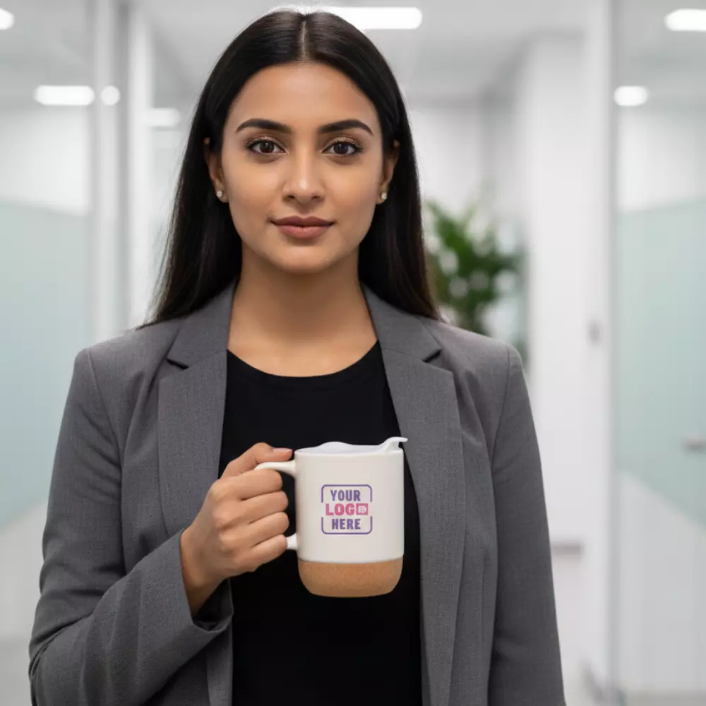Premium insulated ceramic mug with cork base white 250 ml held in hand suitable for corporate gifting and employee onboarding kits