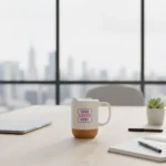 Premium insulated ceramic mug with cork base white 250 ml placed on office desk suitable for corporate gifting and employee welcome kits