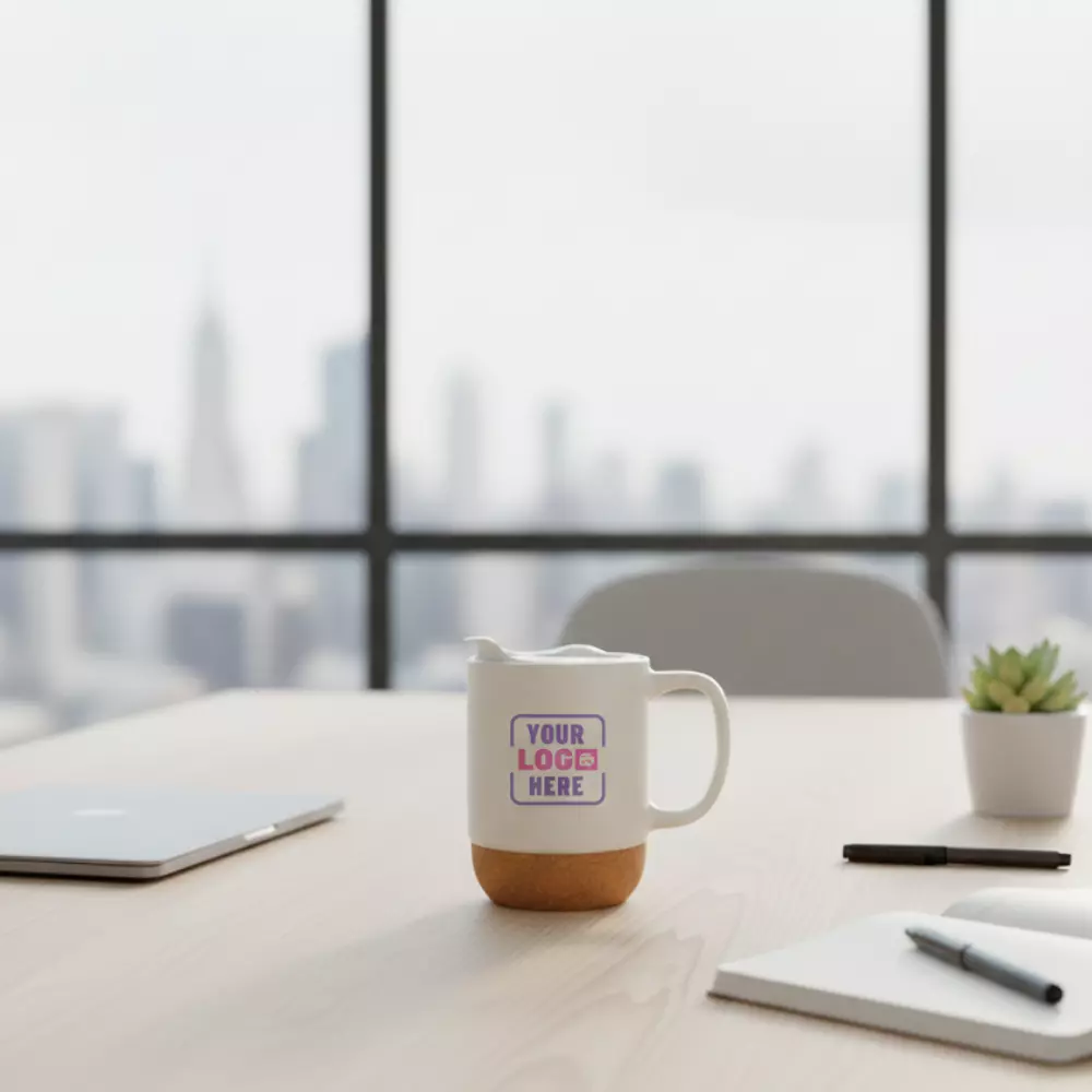 Premium insulated ceramic mug with cork base white 250 ml placed on office desk suitable for corporate gifting and employee welcome kits